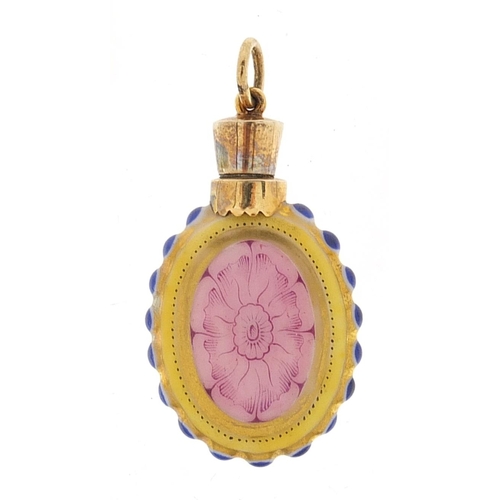 1207 - Miniature enamelled porcelain scent bottle with gilt metal mount and lid, 4cm high