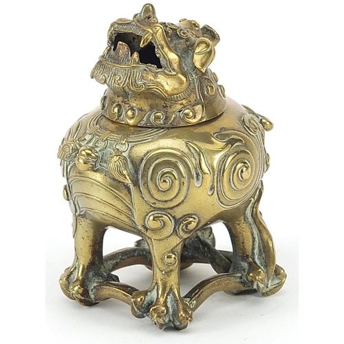 409 - Chinese bronze Foo dog incense burner, 10.5cm high
