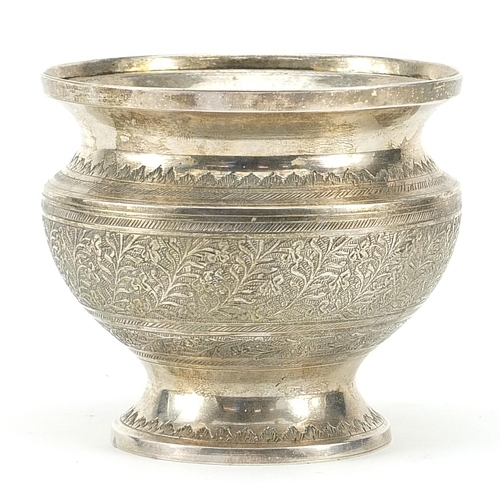 278 - Indian silver coloured metal vase engraved with flowers, 9.5cm high, 329.0g