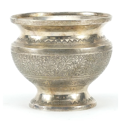 278 - Indian silver coloured metal vase engraved with flowers, 9.5cm high, 329.0g