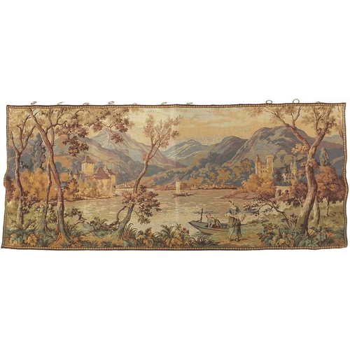 1701 - Rectangular tapestry wall hanging woven with figures before a continental lake scene, 160cm x 68cm
