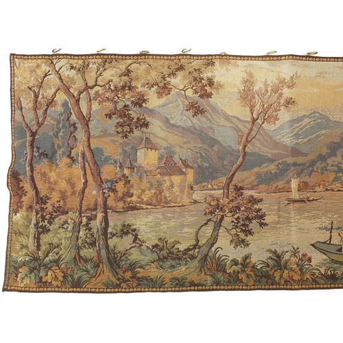 1701 - Rectangular tapestry wall hanging woven with figures before a continental lake scene, 160cm x 68cm