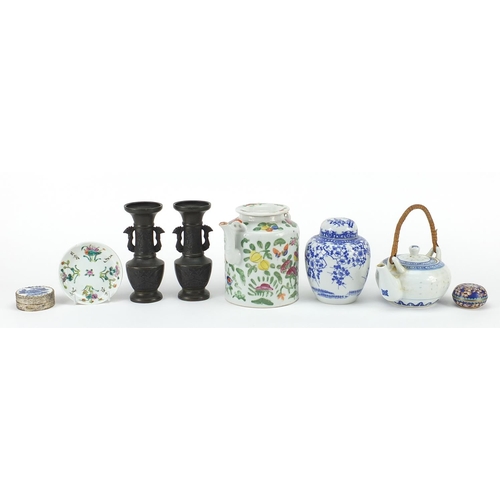 1757 - Chinese and Japanese ceramics and metalware including pair of vases and a Canton teapot, the largest... 