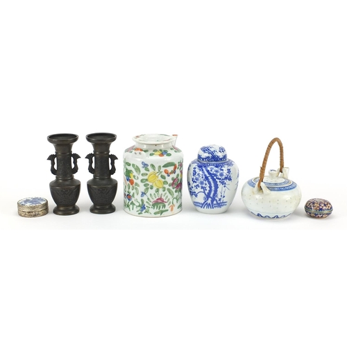 1757 - Chinese and Japanese ceramics and metalware including pair of vases and a Canton teapot, the largest... 