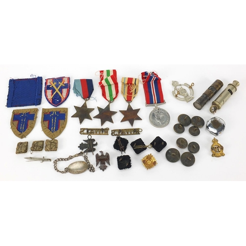 593 - Militaria including World War II stars, Weingarten's wristwatch, Totem lighter and buttons