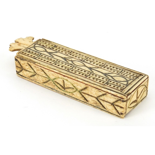 75 - Antique prisoner of war bone dominoes housed in a cribbage board with slide lid, 13cm wide