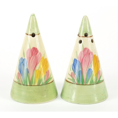 458 - Pair of Clarice Cliff conical sifters hand painted with flowers, unmarked, each 8cm high