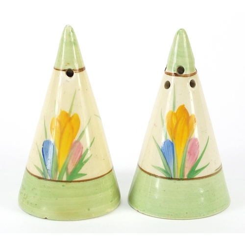 458 - Pair of Clarice Cliff conical sifters hand painted with flowers, unmarked, each 8cm high