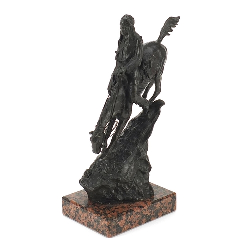 434 - After Frederick Remington, patinated bronze Indian on horseback raised on a square granite base, 33c... 