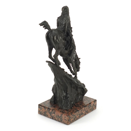 434 - After Frederick Remington, patinated bronze Indian on horseback raised on a square granite base, 33c... 