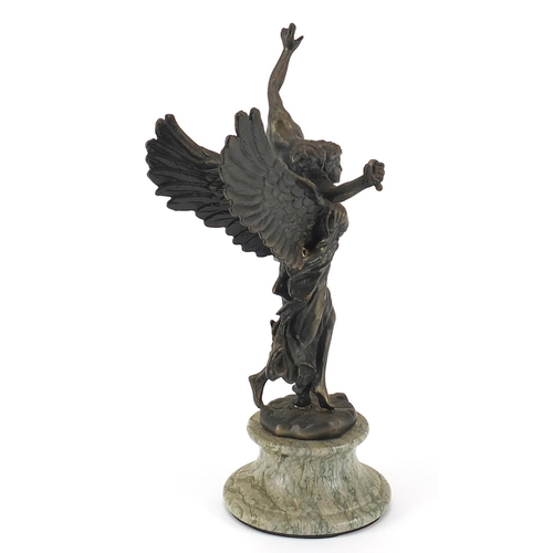 435 - Patinated bronze study of a winged figure carrying a nude figure, raised on a marble base, 29cm high