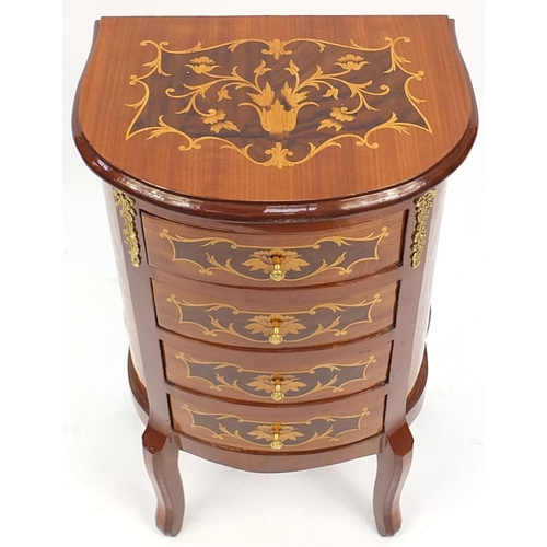 653 - Sorrento design bow front four drawer chest with gilt metal mounts, 77cm H x 42.5cm W x 31cm D