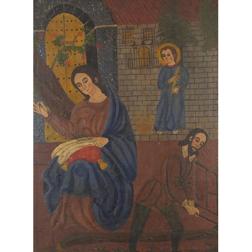 429 - The Sacred Family, Jesus, The Virgin Mary and St Joseph, Cusco school oil on canvas, mounted and fra... 