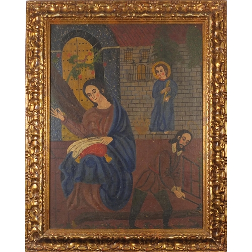 429 - The Sacred Family, Jesus, The Virgin Mary and St Joseph, Cusco school oil on canvas, mounted and fra... 