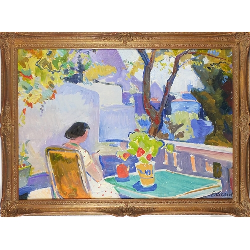 231 - *WITHDRAWN* Figure seated at a table before a landscape, Russian school oil on board, indistinctly s... 