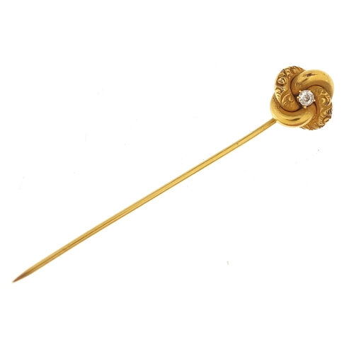 853 - Unmarked gold diamond solitaire stick pin, 6cm in length, 2.9g