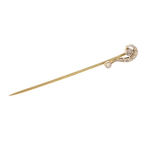 843 - Unmarked gold diamond question mark stick pin, 6cm high, 1.8g