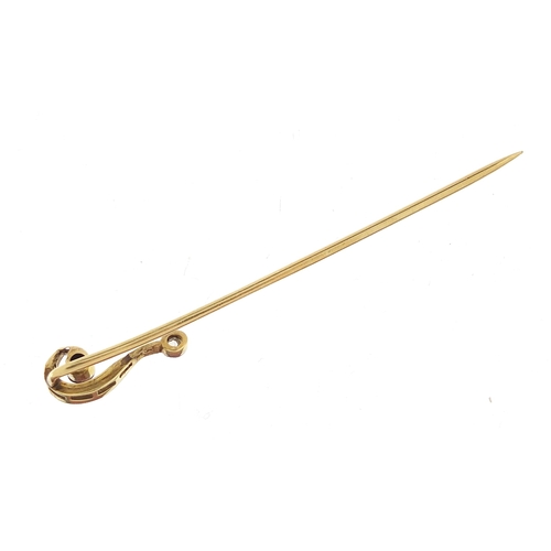 843 - Unmarked gold diamond question mark stick pin, 6cm high, 1.8g