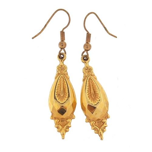 867 - Pair of antique design unmarked gold drop earrings, (tests as 9ct gold) 5cm high, 2.0g