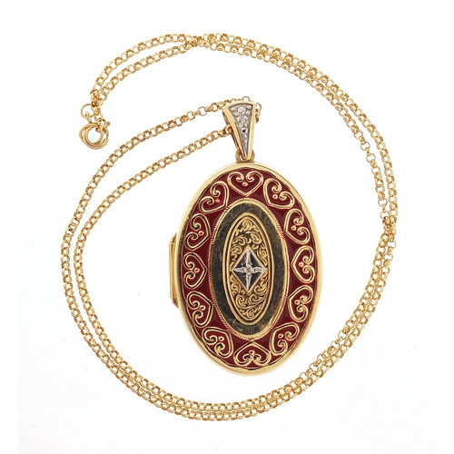 796 - The Victoria Collection Carlyle 14ct gold enamel and diamond locket on a 14ct gold necklace, with ce... 