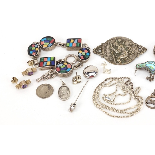 1155 - Silver jewellery and a silver plated St Christopher plaque, including a pietra dura bracelet, Celtic... 