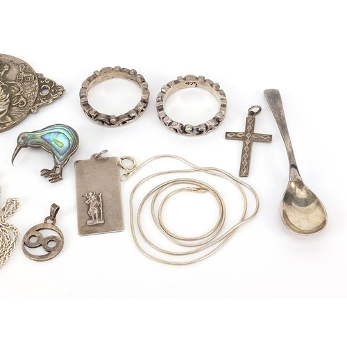 1155 - Silver jewellery and a silver plated St Christopher plaque, including a pietra dura bracelet, Celtic... 