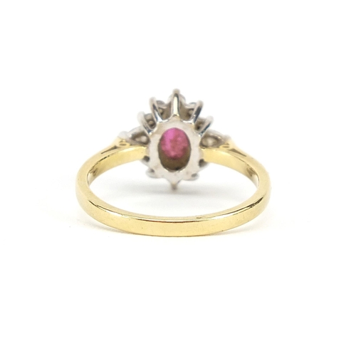 764 - 18ct gold ruby and diamond ring, size O, 3.4g