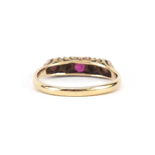 844 - 9ct gold ruby and diamond five stone ring, size L/M, 2.0g