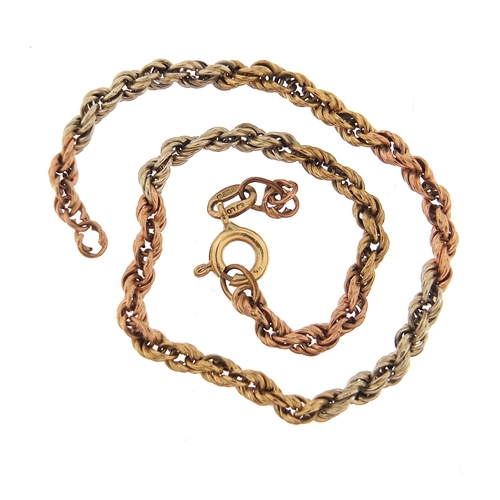 904 - Broken 9ct three tone gold rope twist bracelet, 19cm in length, 2.1g