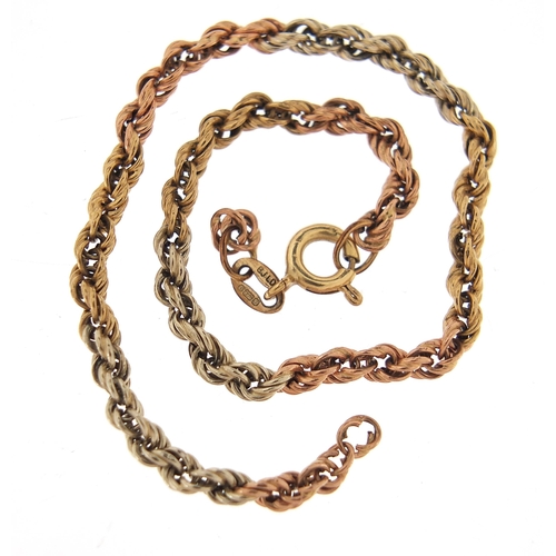 904 - Broken 9ct three tone gold rope twist bracelet, 19cm in length, 2.1g