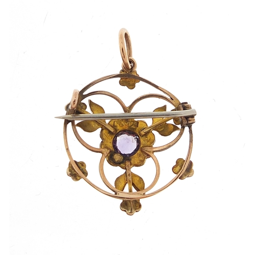 784 - Art Nouveau unmarked gold amethyst and seed pearl brooch pendant, 2.5cm high, 2.3g