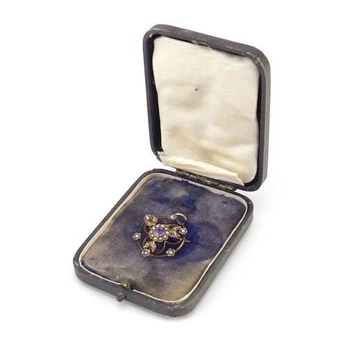 784 - Art Nouveau unmarked gold amethyst and seed pearl brooch pendant, 2.5cm high, 2.3g