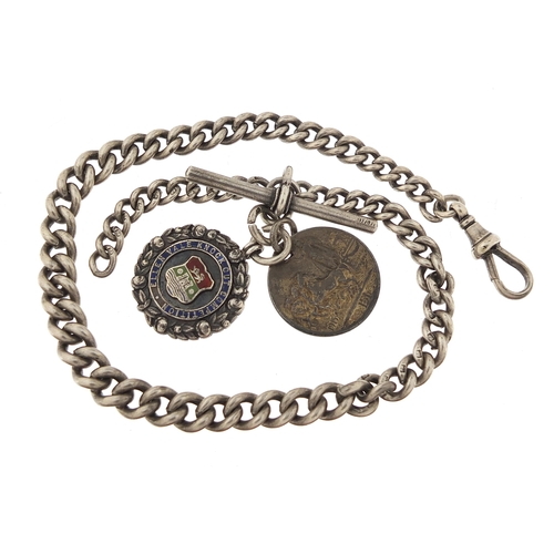 1146 - Graduated silver watch chain with T bar, silver and enamelled jewel and an antique coin, 34cm in len... 