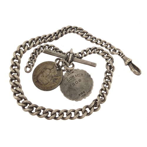 1146 - Graduated silver watch chain with T bar, silver and enamelled jewel and an antique coin, 34cm in len... 