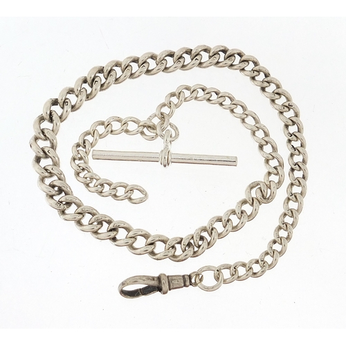 1120 - Graduated silver watch chain with T bar, 39cm in length, 40.4g