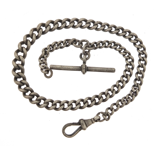 1055 - Graduated silver watch chain with T bar, 35cm in length, 37.5g