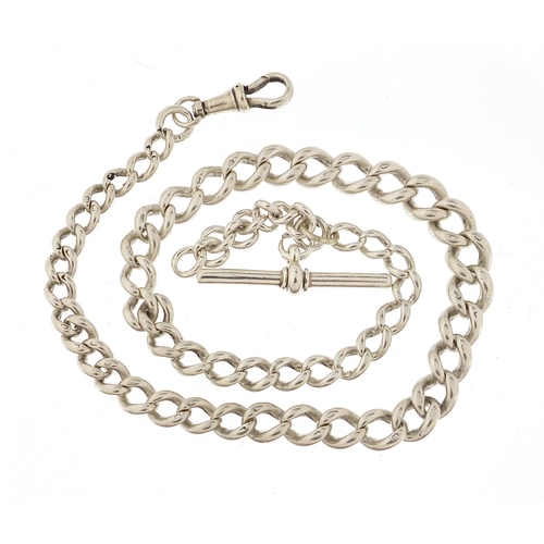 1061 - Graduated silver watch chain with T bar, 40cm in length, 43.4g