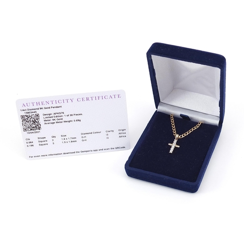 1121 - 9ct gold diamond cross pendant on a 9ct gold necklace, with certificate, approximately 0.25 carat in... 