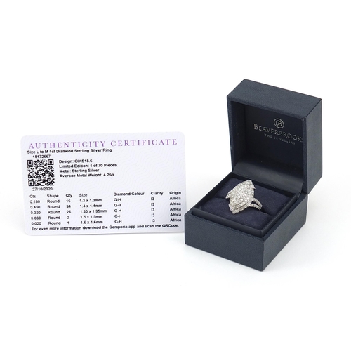 1132 - Sterling silver diamond cluster ring with certificate, approximately 1.0 carat in total, limited edi... 