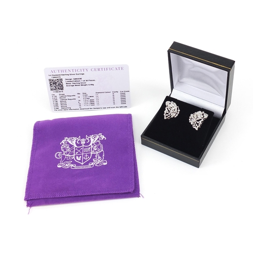 1124 - Pair of sterling silver diamond earrings with certificate, approximately 1.0 carat in total, limited... 