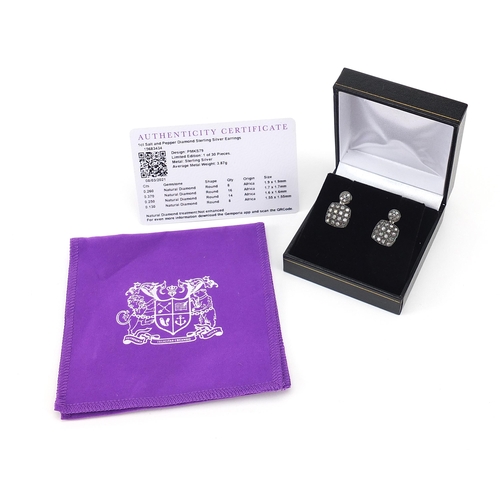 1086 - Pair of sterling silver salt and pepper diamond earrings with certificate, approximately 1.0 carat i... 