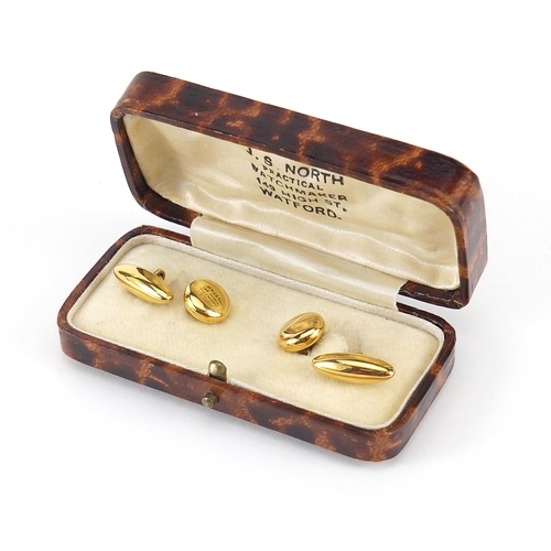 855 - Pair of 10ct gold cufflinks housed in a J S North Watford fitted box, 1.7cm in length, 4.8g