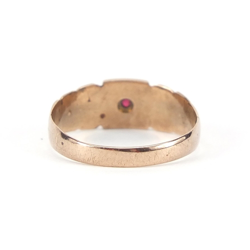 840 - Victorian 9ct rose gold ruby and seed pearl ring, Chester 1898, size O/P, 2.3g