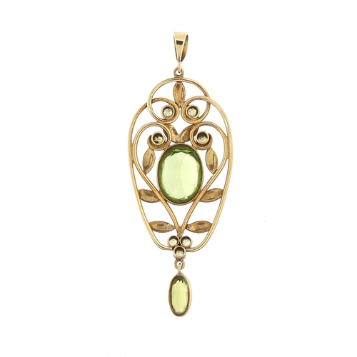 799 - Art Nouveau 9ct gold peridot pendant, 4.8cm high, 3.2g