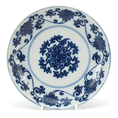 44 - Chinese blue and white porcelain dish hand painted with flower heads amongst scrolling foliage, six ... 