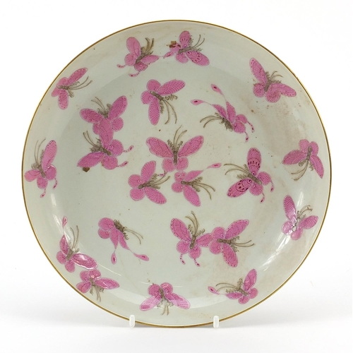 537 - Chinese porcelain dish hand painted in pink with butterflies, six figure character marks to the reve... 