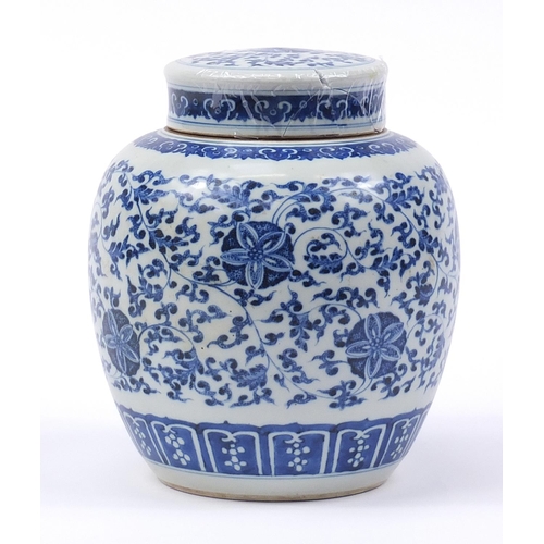 203 - Chinese blue and white porcelain ginger jar with cover finely hand painted with flower heads amongst... 