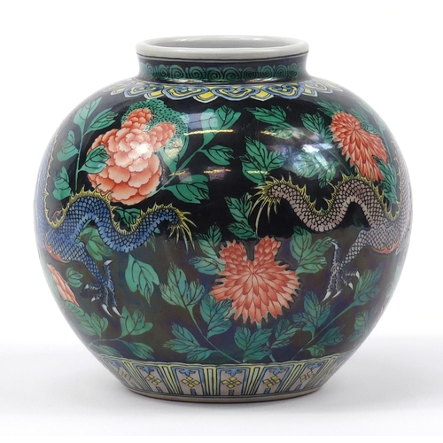 1749 - Chinese porcelain ginger jar hand painted in the famille noire palette with dragons chasing a flamin... 