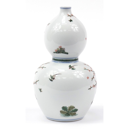 477 - Chinese porcelain double gourd vase hand painted in the famille verte palette with birds amongst che... 