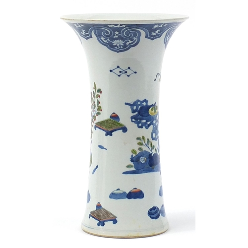 447 - Chinese doucai porcelain beaker vase hand painted with precious objects and flowers, six figure char... 